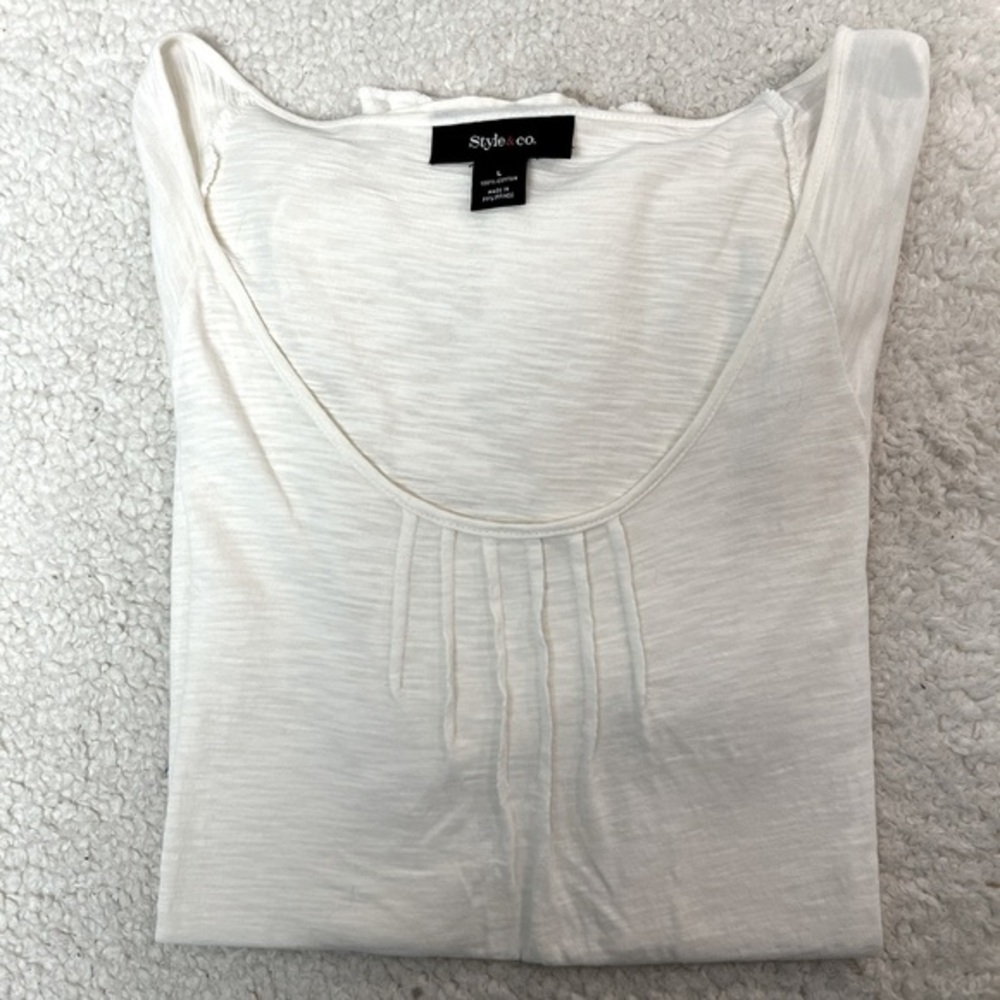 Style & Co. Off-White/Creme Pleated Neckline Cotton Blouse Size Large